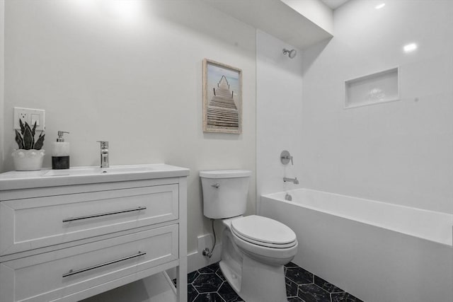 full bathroom with toilet, vanity, and bathing tub / shower combination