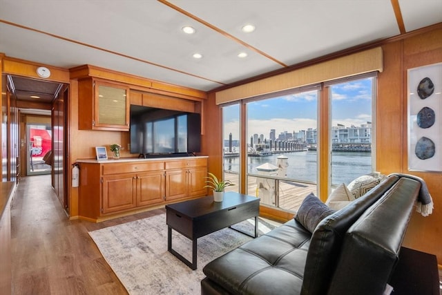 living area featuring recessed lighting and light wood finished floors