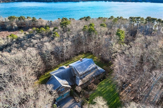 drone / aerial view with a water view and a wooded view