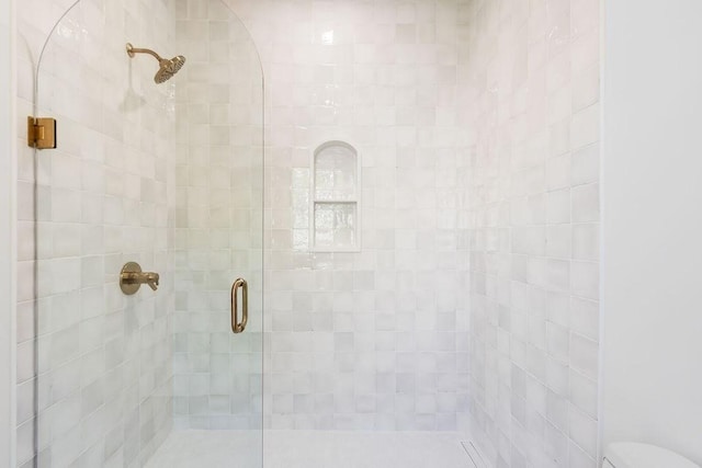 full bathroom with a stall shower and toilet