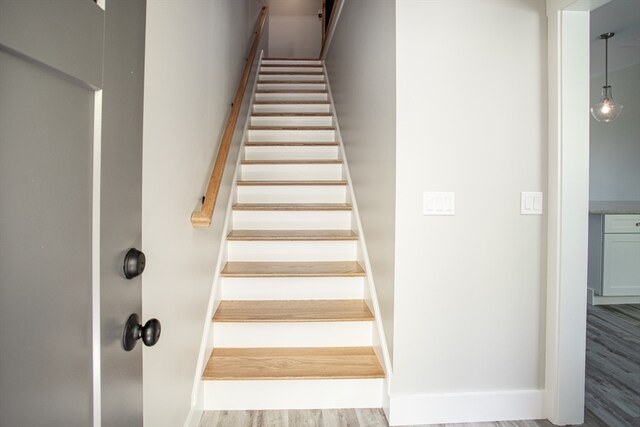 staircase with hardwood / wood-style floors