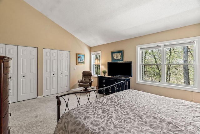 carpeted bedroom featuring baseboards, two closets, and high vaulted ceiling