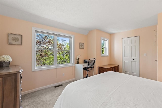 carpeted bedroom with baseboards, visible vents, and a closet