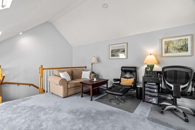 office with carpet floors and vaulted ceiling
