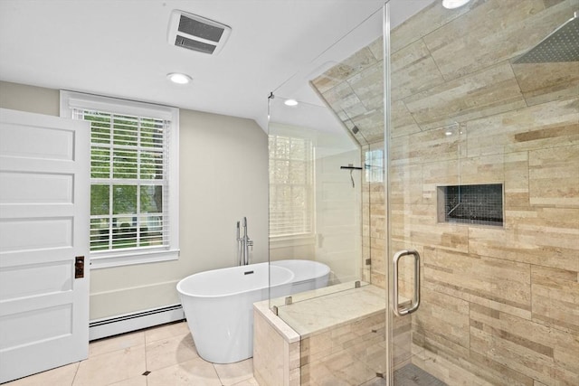 5 Liberty Rd, Hingham, MA 02043 - bathroom featuring baseboard heating, a freestanding tub, a stall shower, healthy amount of natural light, and recessed lighting