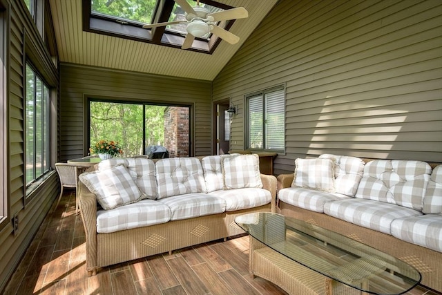 38 Stagecoach Dr, Ashland, MA 01721 - sunroom featuring outdoor lounge area, ceiling fan, high vaulted ceiling, wood finished floors, and wooden walls