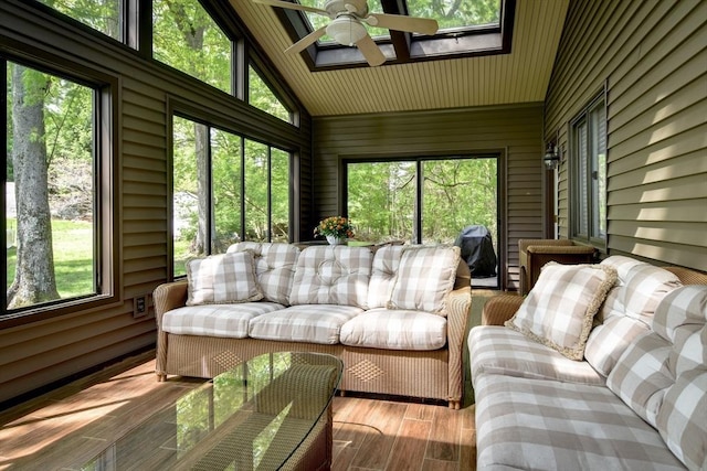 38 Stagecoach Dr, Ashland, MA 01721 - sunroom / solarium with a skylight, ceiling fan, outdoor lounge area, vaulted ceiling, and plenty of natural light
