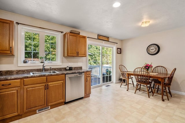 kitchen with visible vents, a sink, stainless steel dishwasher, dark countertops, and brown cabinetry