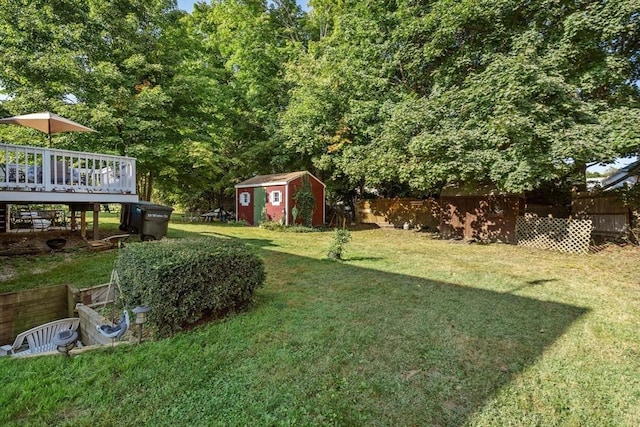 view of yard featuring an outdoor structure, a storage unit, a fenced backyard, and a wooden deck