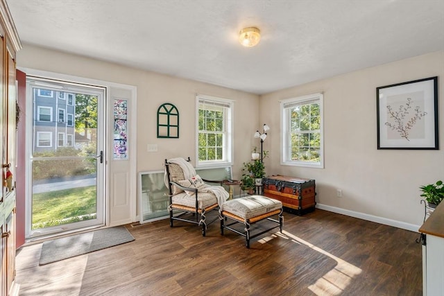 sitting room with baseboards and wood finished floors