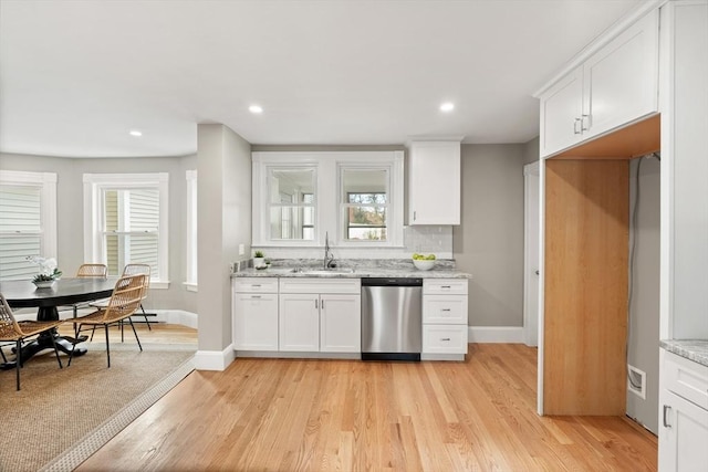 kitchen with dishwasher, white cabinetry, tasteful backsplash, sink, and light stone counters