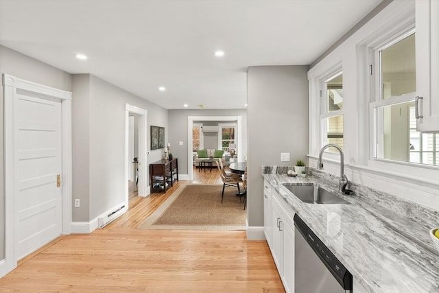 kitchen featuring baseboard heating, dishwasher, white cabinets, light stone counters, and sink