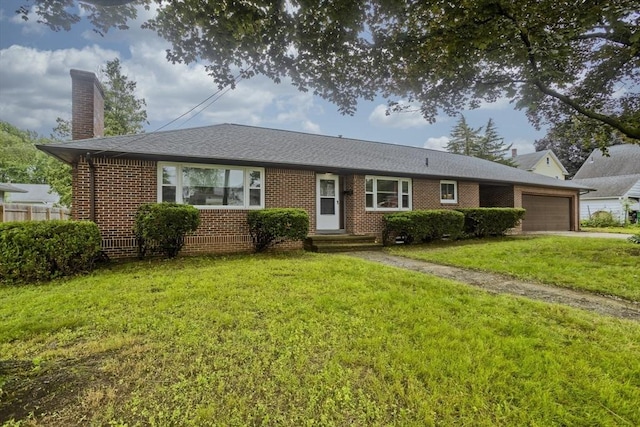 13 Louise Ave, Chicopee, MA 01013 - ranch-style house featuring an attached garage, a chimney, brick siding, and driveway