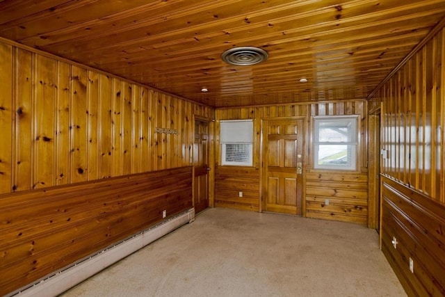13 Louise Ave, Chicopee, MA 01013 - unfurnished room with a baseboard heating unit, wood ceiling, light colored carpet, and wood walls