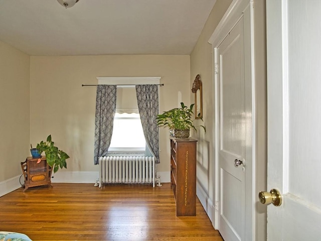 sitting room with radiator heating unit and hardwood / wood-style floors