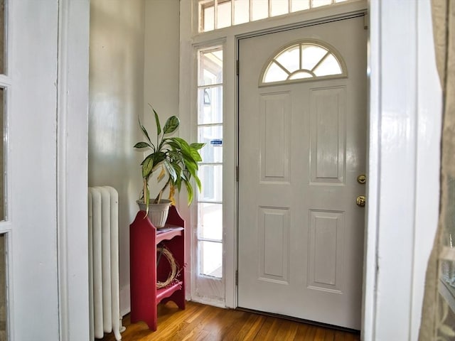 entrance foyer featuring hardwood / wood-style floors and radiator heating unit