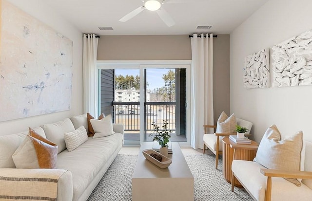 living room with ceiling fan