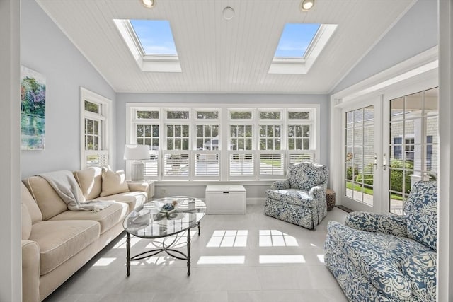 sunroom with lofted ceiling and wooden ceiling