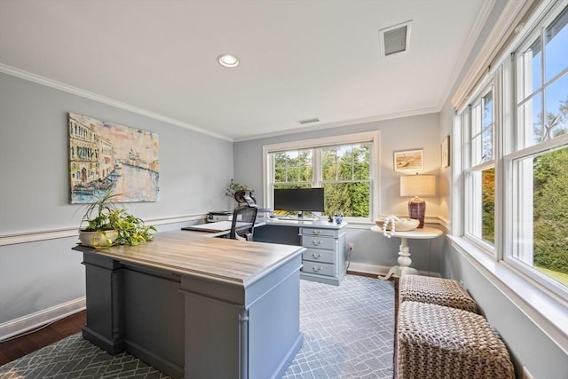 home office with ornamental molding and dark wood-type flooring