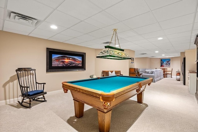 playroom featuring light carpet and billiards