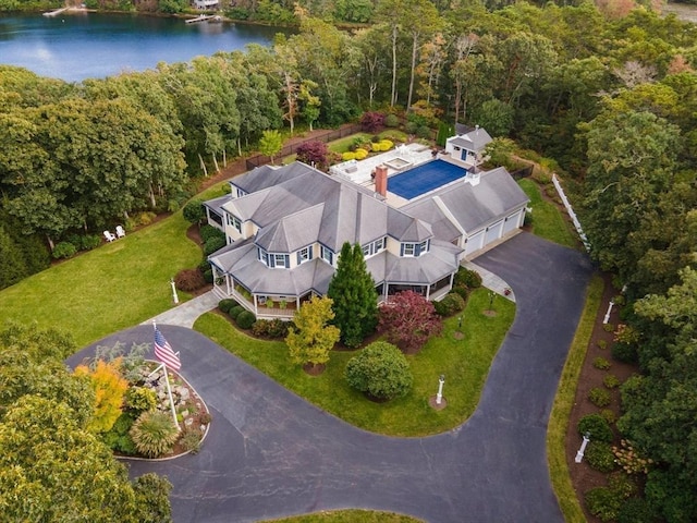 aerial view featuring a water view