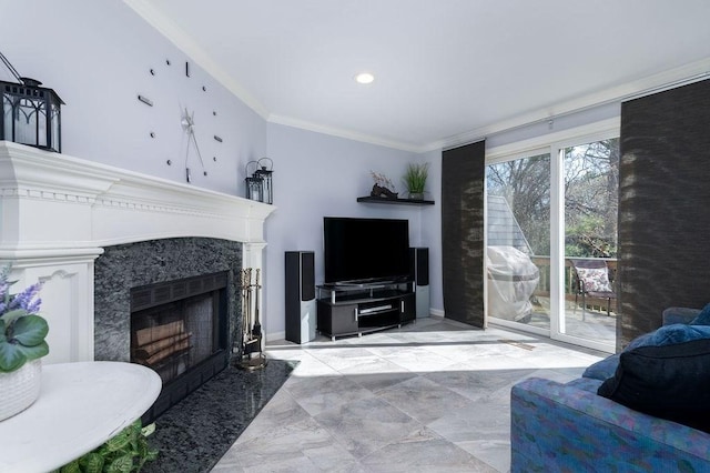 living area with baseboards, ornamental molding, marble finish floor, and a premium fireplace