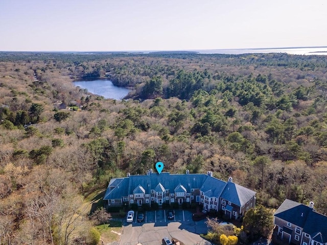 aerial view featuring a water view and a view of trees