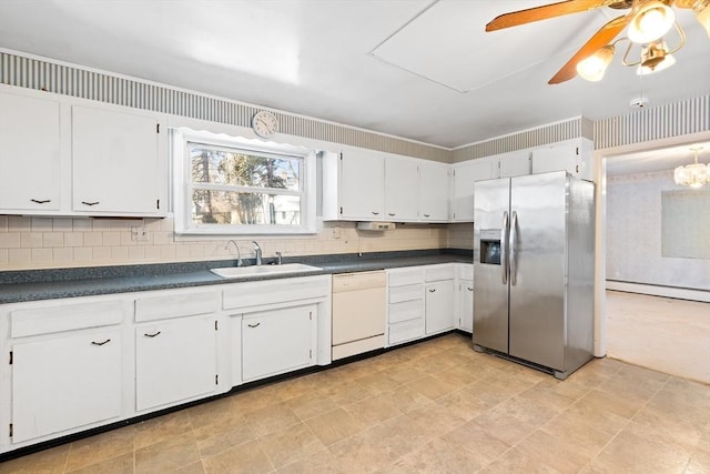 kitchen with dishwasher, stainless steel fridge with ice dispenser, white cabinets, and sink