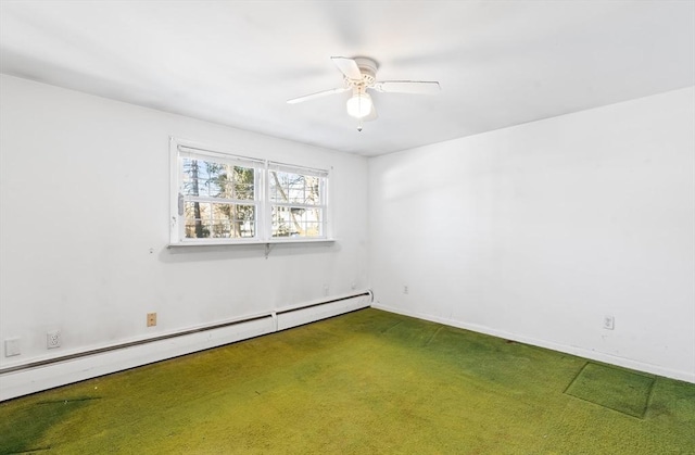 carpeted spare room with ceiling fan and a baseboard radiator