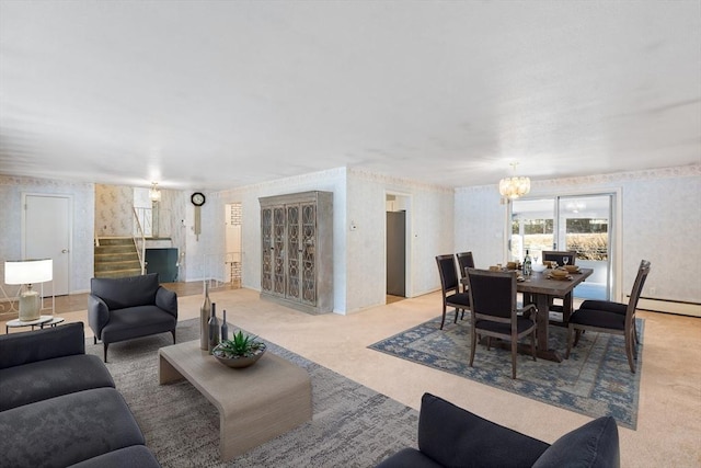 carpeted living room featuring an inviting chandelier