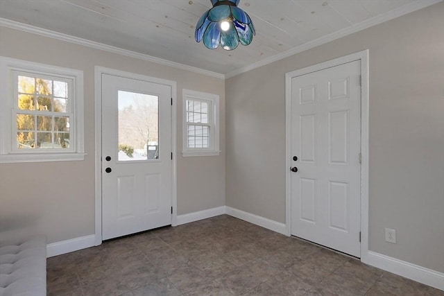 doorway featuring baseboards and crown molding