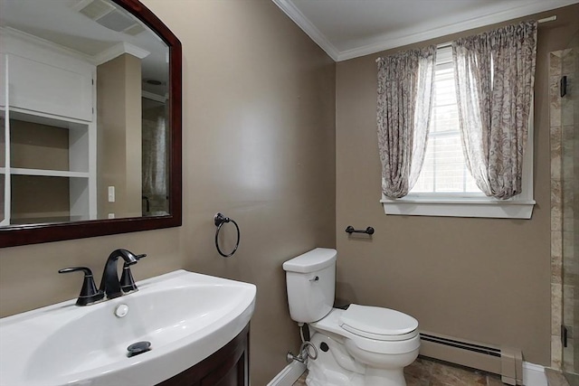 bathroom with toilet, a baseboard heating unit, vanity, visible vents, and crown molding