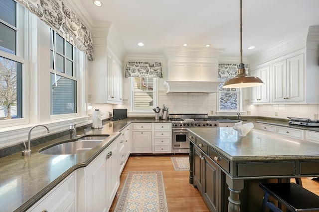 kitchen featuring light wood-type flooring, tasteful backsplash, decorative light fixtures, and double oven range