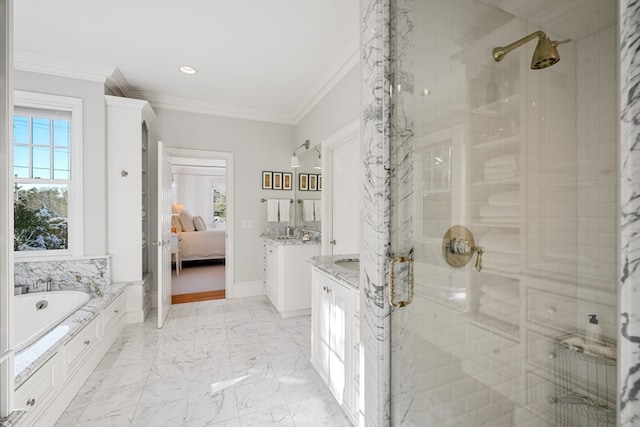 bathroom featuring crown molding, tile floors, vanity, and independent shower and bath