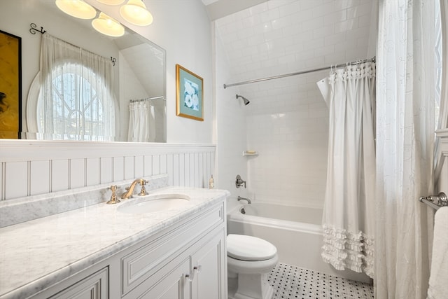 full bathroom with oversized vanity, tile flooring, toilet, shower / bathtub combination with curtain, and vaulted ceiling