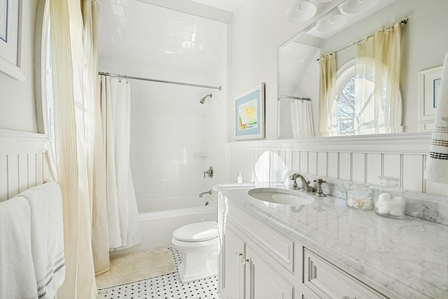 full bathroom featuring shower / bath combo, toilet, tile floors, and large vanity