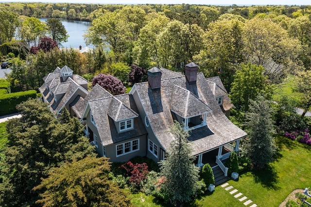 drone / aerial view featuring a water view