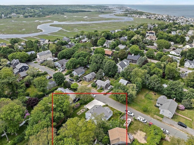 11 Brunswick St, Marshfield, MA 02050 - aerial perspective of suburban area with property boundaries highlighted and a large body of water