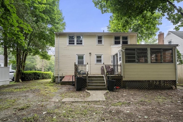 5 Cranmore, Boston, MA 02136 - back of property featuring a deck, a sunroom, and a chimney