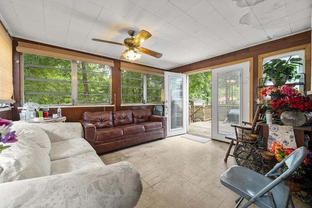 5 Cranmore, Boston, MA 02136 - sunroom with an outdoor hangout area, a ceiling fan, wood walls, and tile patterned floors