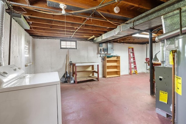 below grade area with washer / clothes dryer, water heater, and electric panel