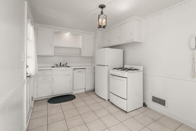 kitchen featuring open shelves, a sink, white appliances, light countertops, and visible vents