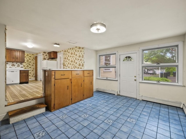 51 Quaboag Rd, Acton, MA 01720 - kitchen with white dishwasher, a baseboard radiator, plenty of natural light, brown cabinetry, and wallpapered walls
