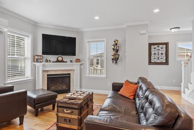 57 Railroad Ave Unit C1, Salisbury, MA 01952 - living area featuring stairway, ornamental molding, plenty of natural light, light wood-style floors, and recessed lighting
