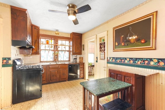 kitchen featuring sink, range with gas cooktop, dishwasher, ceiling fan, and decorative backsplash