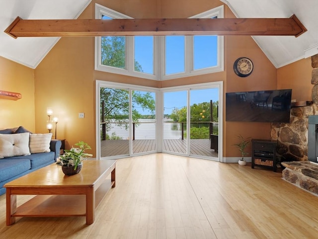 11 Grove Point Rd, Wales, MA 01081 - living area with high vaulted ceiling, wood finished floors, a wood stove, and baseboards
