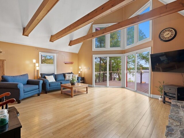11 Grove Point Rd, Wales, MA 01081 - living area featuring beam ceiling, high vaulted ceiling, and hardwood / wood-style floors