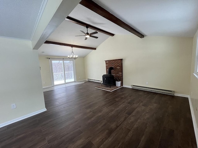 unfurnished living room featuring lofted ceiling with beams, a wood stove, baseboard heating, and dark wood-style flooring