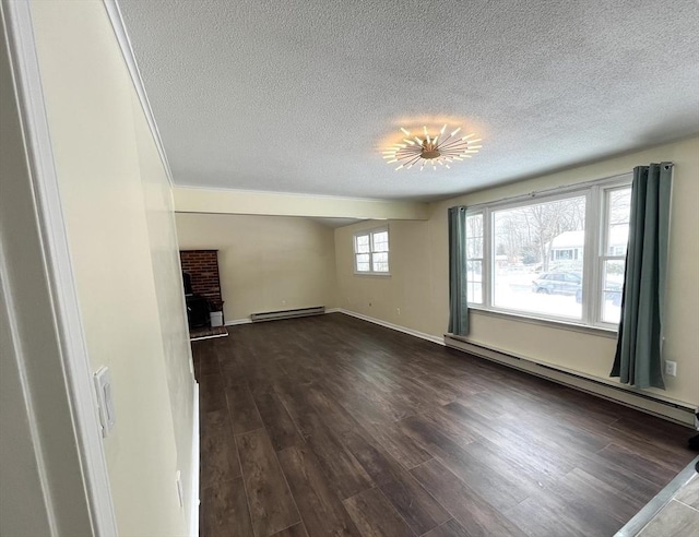 interior space featuring dark wood-style floors, a textured ceiling, a baseboard radiator, and baseboards