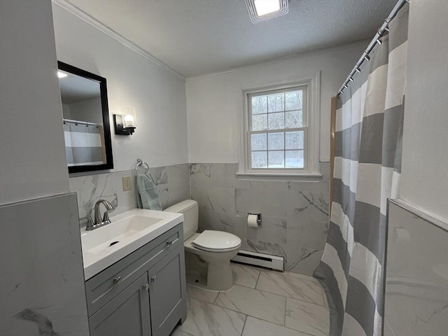 full bath with toilet, marble finish floor, a textured ceiling, vanity, and a baseboard heating unit